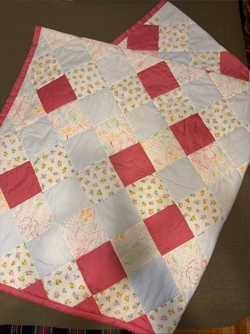 Handmade Patchwork Quilt - Pink, Light Blue & Cream Floral 68x78